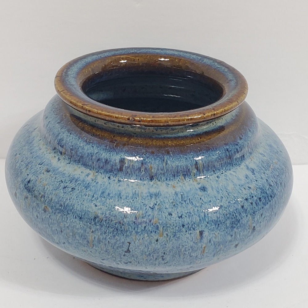 Studio Art Pottery Stoneware Blue Glazes Vase Bowl‎ Signed w/ Kenzan Pin Frog